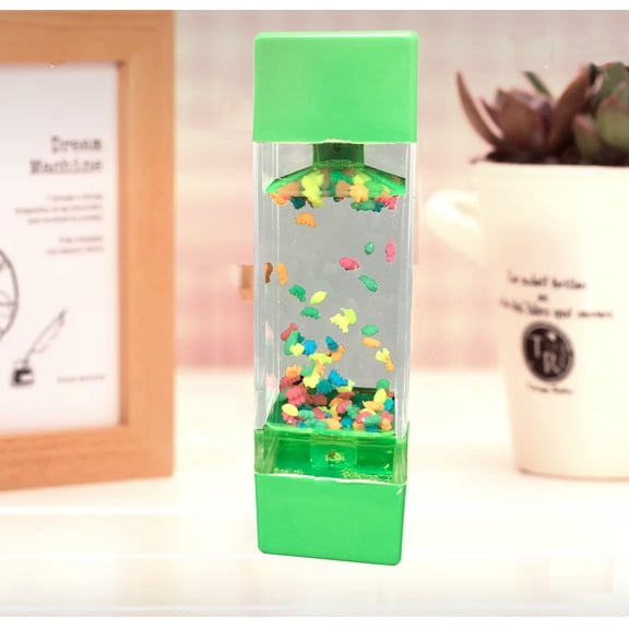 Fun and Functional Liquid Timer with Square Shape, Green Top/Bottom, Turns it upside down and see the effects right away. Product Size: 1.57x1.57x 5.9