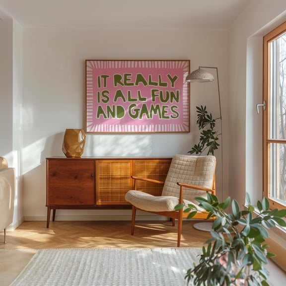 Fun & Games Wall Poster Pink And Green Inspirational Typography Art For Modern, Poster, Poster Only, Poster Only