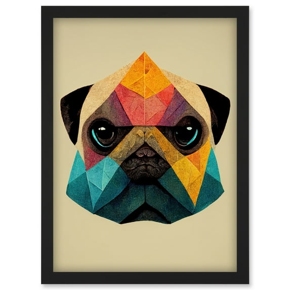 Fun Geometric Colourful Pug Dog Artwork Framed Wall Art Print A4