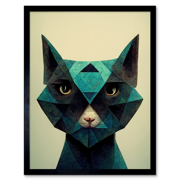 Fun Geometric Teal Cat Art Print Framed Poster Wall Decor 12x16 inch