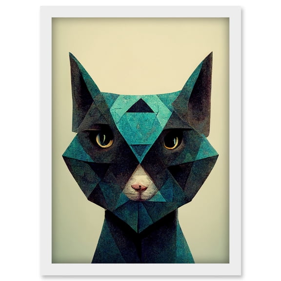 Fun Geometric Teal Cat Artwork Framed Wall Art Print A4