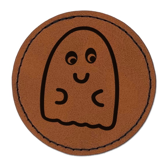 Fun Ghost Halloween 2.5" Faux Leather Round Engraved Iron-On Patch - Brown