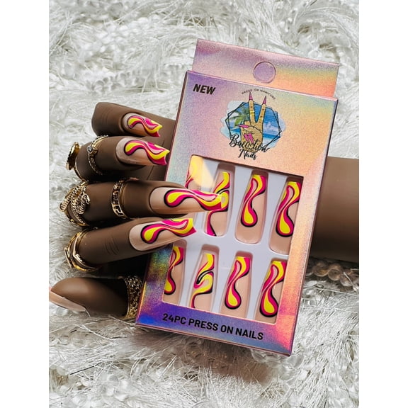 Fun Girl l Long pink and yellow swirl press on nails