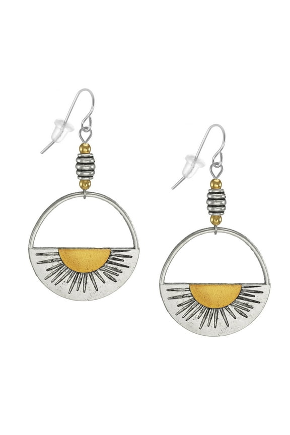 Fun Gold and Silver Half Sun Design Hoop Earrings, Platinum Ear Wires