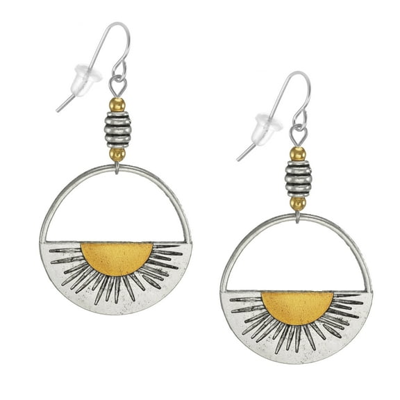 Fun Gold and Silver Half Sun Design Hoop Earrings, Platinum Ear Wires