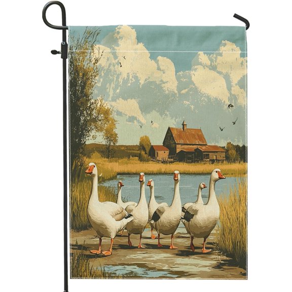 Fun Goose Garden Flags 12x18 Double Sided for Outside Decorative, Vintage Cartoon Lake Scene FrontYard Canvas House Flag, Retro Outdoor Small Backyard Lawn Flag