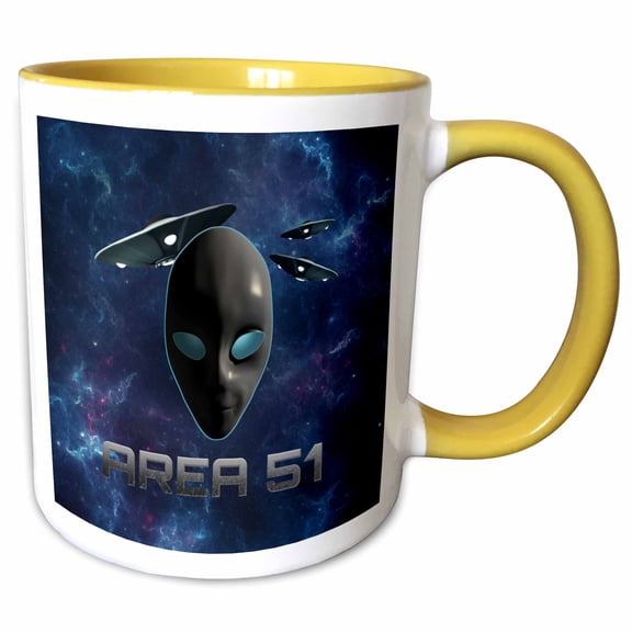3drose, Fun Gray Alien and Ufo in Space for Area 51 Conspiracy Theories., 11oz Two-tone Yellow Mug