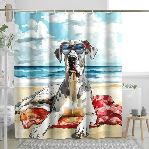 Fun Great Dane Dog Shower Curtain,Summer Watercolor Beaches Shower Curtains for Bathroom,Puppy Print Bath Decor Accessories Set-72"W x 86"L (Pack of 1)