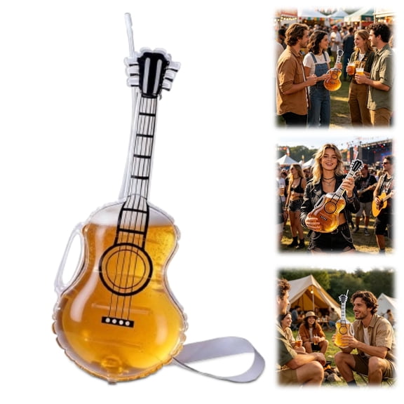 Fun Guitar Shaped Party Drink Jug - Clear Plastic Sipper Cup with Straw & Strap, Portable Beverage Holder for Festivals & Themed Events