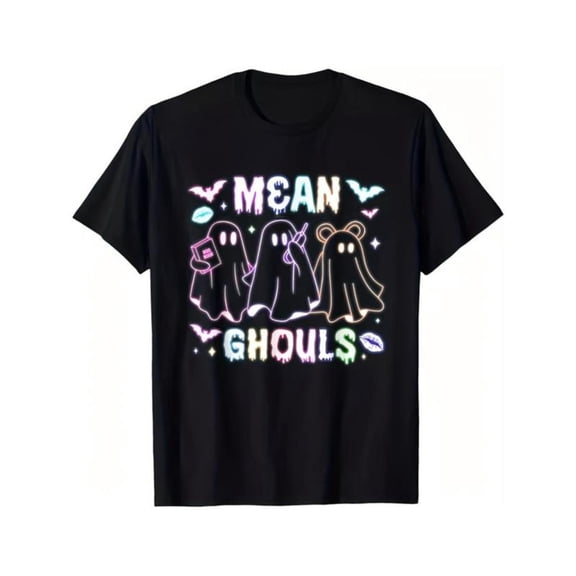 Fun - Halloween - Ghost Graphic Tee, Tops Has "MEAN GHOULS" Text, Round Neck Regular Fit T - shirts, Size(S - 5XL)