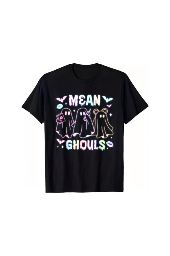 Fun - Halloween - Ghost Graphic Tee, Tops Has "MEAN GHOULS" Text, Round Neck Regular Fit T - shirts, Size(S - 5XL)