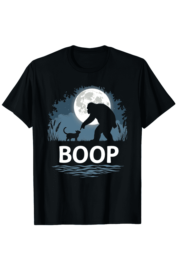 Fun Hand Boop Nose Bigfoot Sasquatch Cat Full Moon Graphic Black T-Shirt for Men and Women