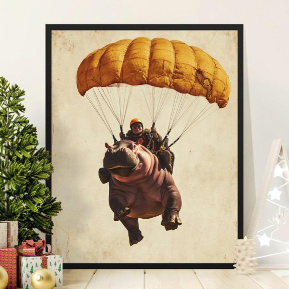 Fun Hippo Parachuting Poster, Unique Wall Art, Whimsical Animal Print, Kid's Room Decor, Adventure Theme Poster, Playful Home Decor Fun Gift, 8x12