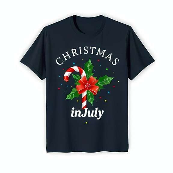Fun Holiday Blue T-Shirt with Candy Red Bow and 'Christmas in July' Design