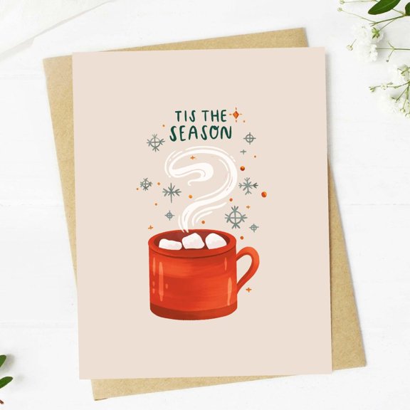 Fun Holiday Card – “Tis the Season” Hot Cocoa Illustration – Blank Inside, Envelope Included – Perfect for Christmas Greetings and Winter Celebrations