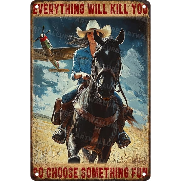 Fun Horse Aluminum Tin Sign Rustic Wall Art Western Theme Iron Painting Decor For Ranch Kitchen Bar Cafe Game Room 8x12inch