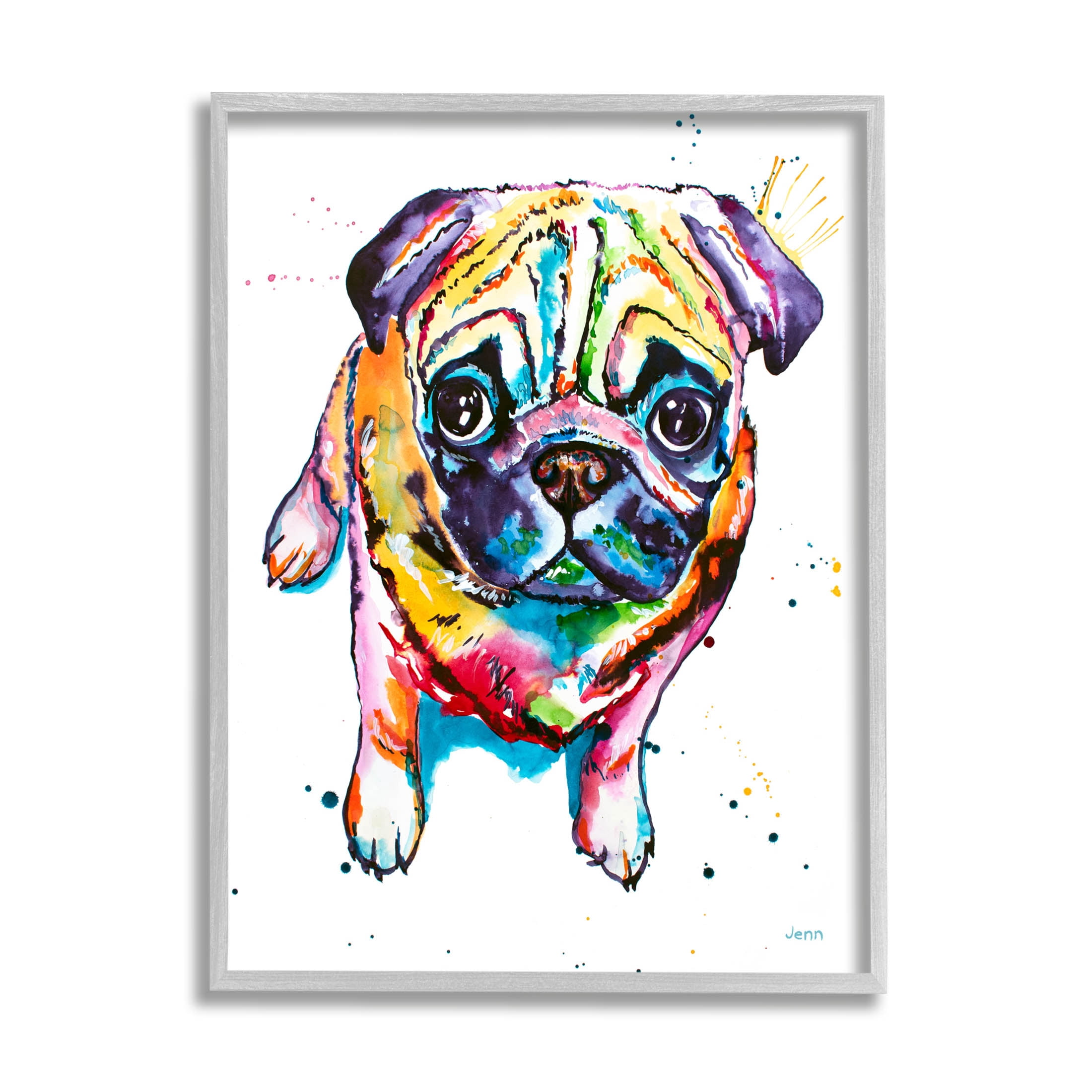 Fun Hued Pug Puppy Animal Animals & Insects Graphic Art Gray Framed Art Print Wall Art