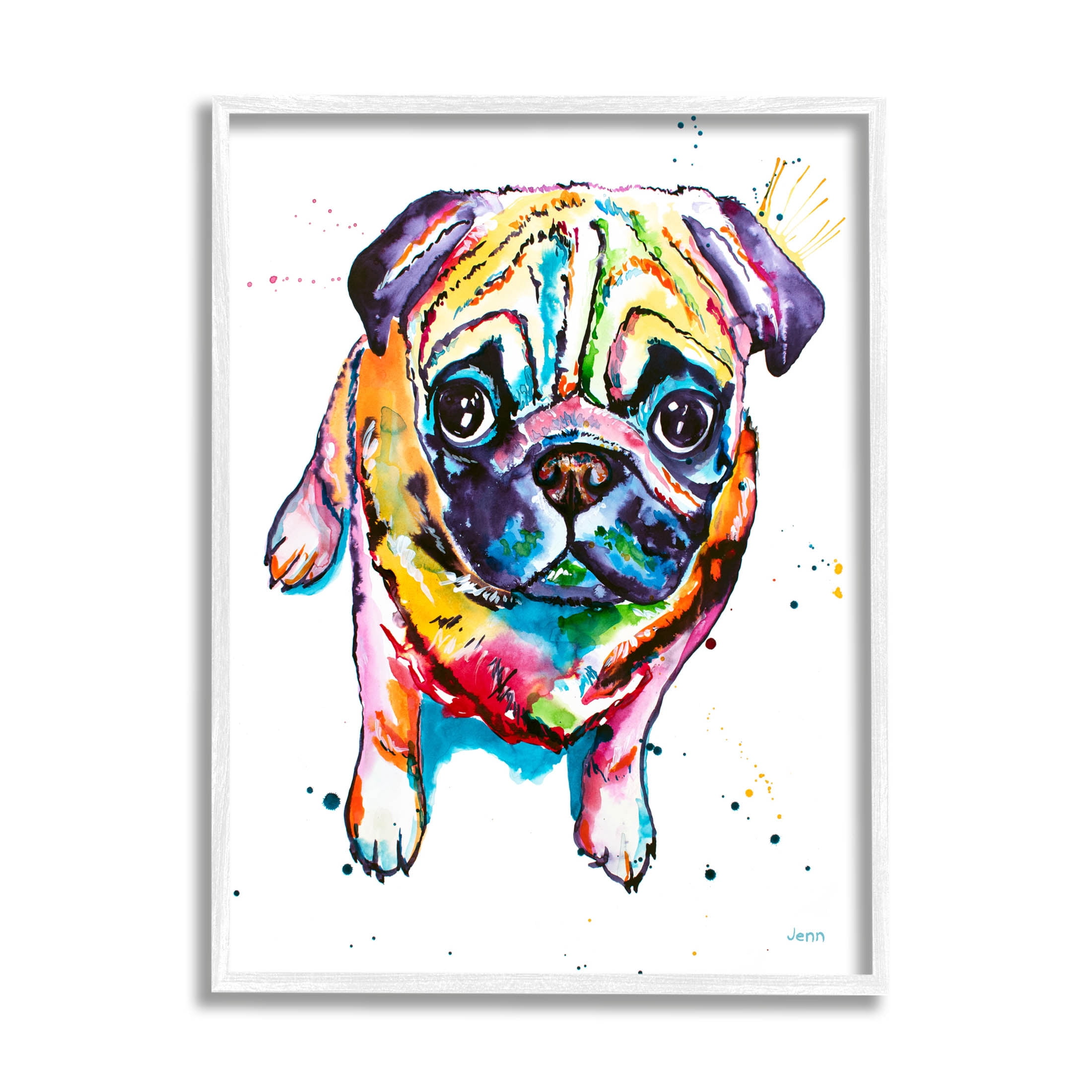 Fun Hued Pug Puppy Animal Animals & Insects Graphic Art White Framed Art Print Wall Art