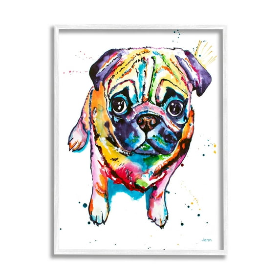 Fun Hued Pug Puppy Animal Animals & Insects Graphic Art White Framed Art Print Wall Art