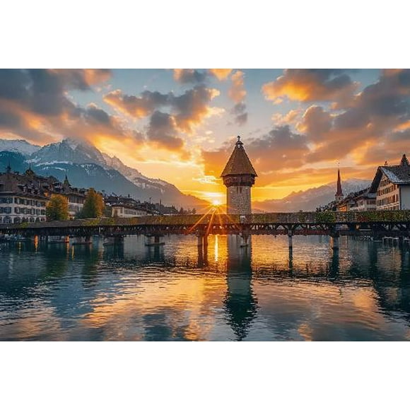 Fun Jigsaw Puzzle for Adults 500 Pieces Sunset in The Historical City Center of Lucerne with The Famous Chapel Bridge and Lake Wooden Puzzles Best Brain Exercises Gift Home Decor