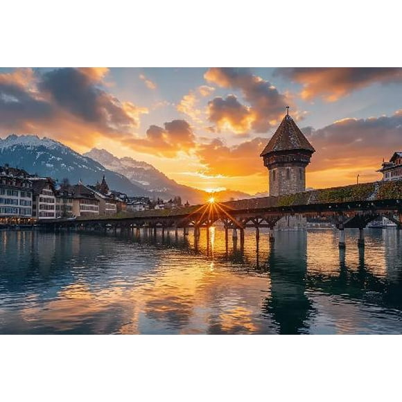 Fun Jigsaw Puzzle for Adults 500 Pieces Sunset in The Historical City Center of Lucerne with The Famous Chapel Bridge and Lake Wooden Puzzles Best Brain Exercises Gift Home Decor