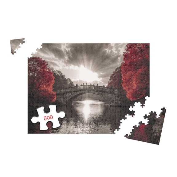 Fun Jigsaw Puzzles for Adults 500 Pieces Black and White Bridge and Red Tree Landscape Wall Art Wooden Puzzles Best Brain Exercises Educational Gift Home Decor 20.5x15 Inch