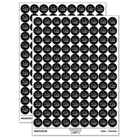 Fun Jumping Dolphin Ocean Waves 200+ Round Stickers - Black - Gloss Finish - 0.50" Size