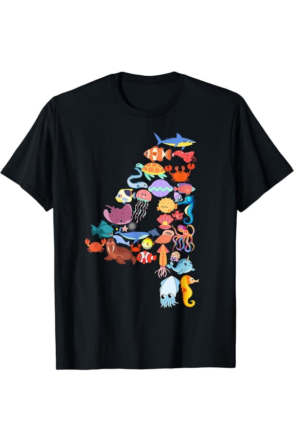 Fun Kids 4th Birthday Ocean Sea Animals Theme 4 Year Old Boy T-Shirt
