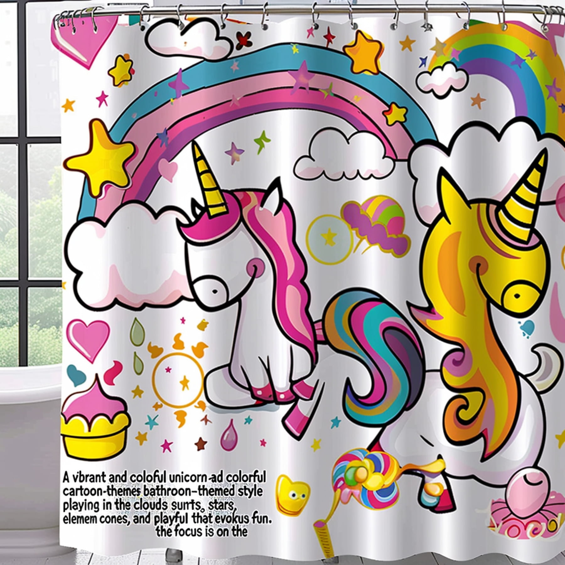 Fun Kids Bathroom Shower Curtain Colorful Cartoon Style Rainbows Hearts