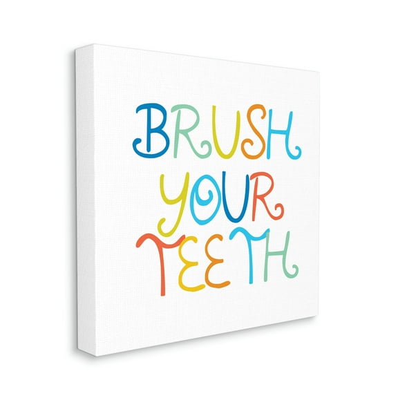 Fun Kids Bathroom Sign Brush Your Teeth Rules Typography Gallery-Wrapped Canvas Print Wall Art, 17x17