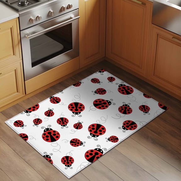 Fun Ladybug 2x3 Rug for Entryway Front Door Kitchen Sink Area, Black Dot Reptile Pattern Abstract Art Low Pile Washable Non Slip Rectangle Area Rug