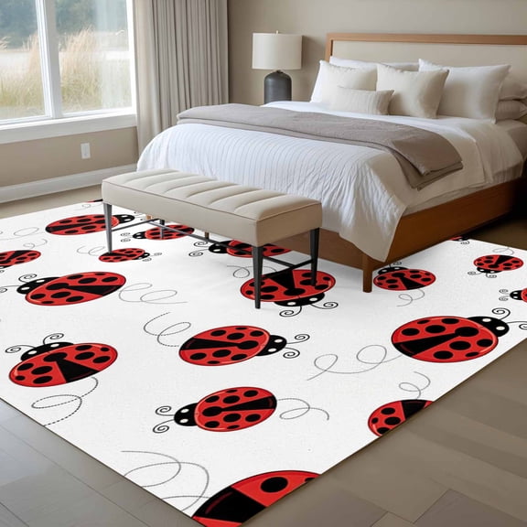 Fun Ladybug 6x9 Rug for Dining Room Table and Chair Setup, Black Dot Reptile Pattern Abstract Art Low Pile Washable Non Slip Rectangle Area Rug