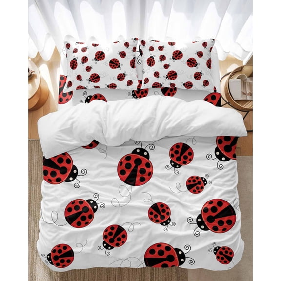 Fun Ladybug Bedding Duvet Cover Set Twin Size 4 Pieces Black Dot Reptile Pattern Abstract Art Bedding Set with Zipper Closure, 1 Comforter Cover 68x86 Inches 1 Flat Sheet & 2 Pillow Cases