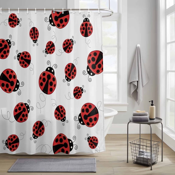 Fun Ladybug Fabric Shower Curtain for Bathroom Waterproof Polyester Bath Curtain with 12 Hooks Black Dot Reptile Pattern Abstract Art Washable Shower Curtain with Grommets 36"x72"