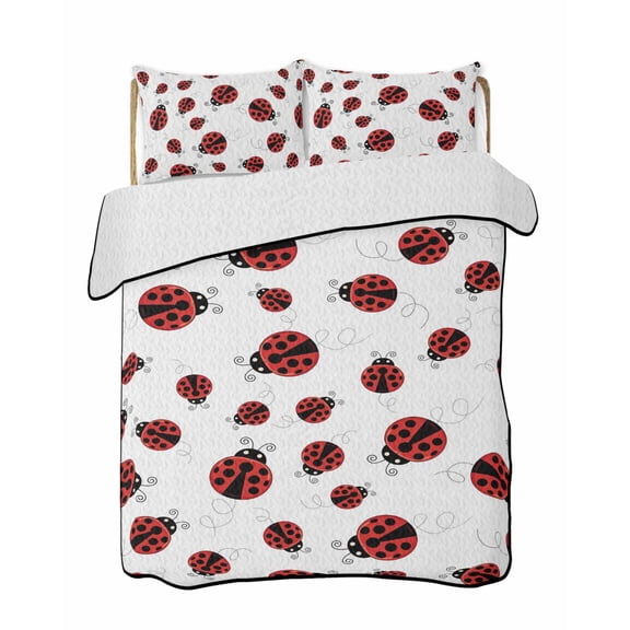 Fun Ladybug Quilts Bedding Set Queen Size Black Dot Reptile Pattern Abstract Art Lightweight Quilted Bedspread 3 Piece Bed Quilt with 2 Pillow Shams All Season for Bedroom 78" x 90"