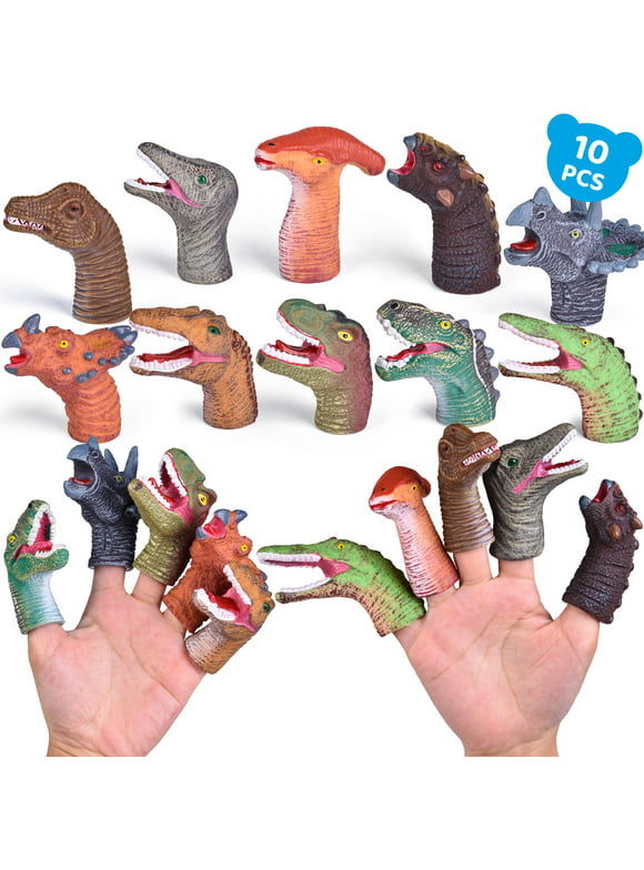 Fun Little Toys 10 Pcs Dinosaur Head Finger Puppets, Best Choice for Party Favors, Stocking Stuffers, Pinata Fillers and Goodie Bag Fillers