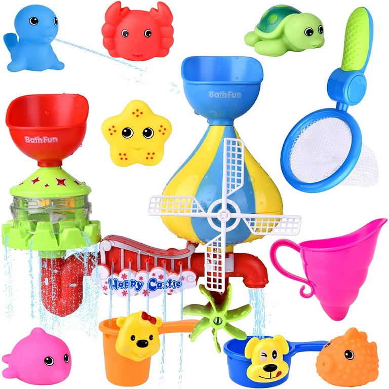 Fun Little Toys 11 Pcs Baby Bath Toy -Waterfall Water Station with Sea  Animals Squirter Toys,Stackable Cups and Fishing Net Enhance Your Baby’s