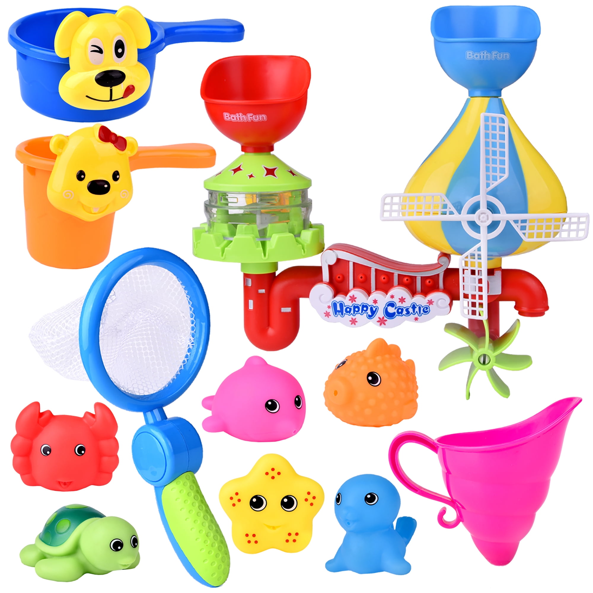 Fun Little Toys 11 Piece Toddler Bath Toys, Windmill Waterfall Water Station with Sea Animals Squirter Toys, Stackable Cups and Fishing Net