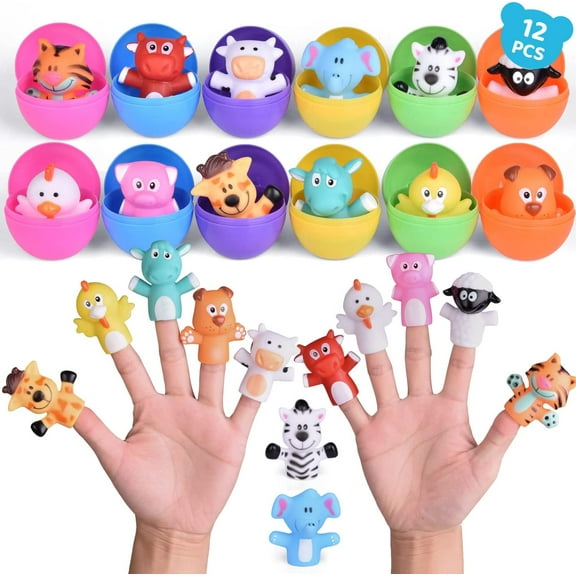 Fun Little Toys 12 PCs Easter Eggs Prefilled with Animal Finger Puppets, Easter Party Favors, Easter Basket Stuffers, Easter Egg Fillers, Goodie Bags Fillers, Classroom Prizes