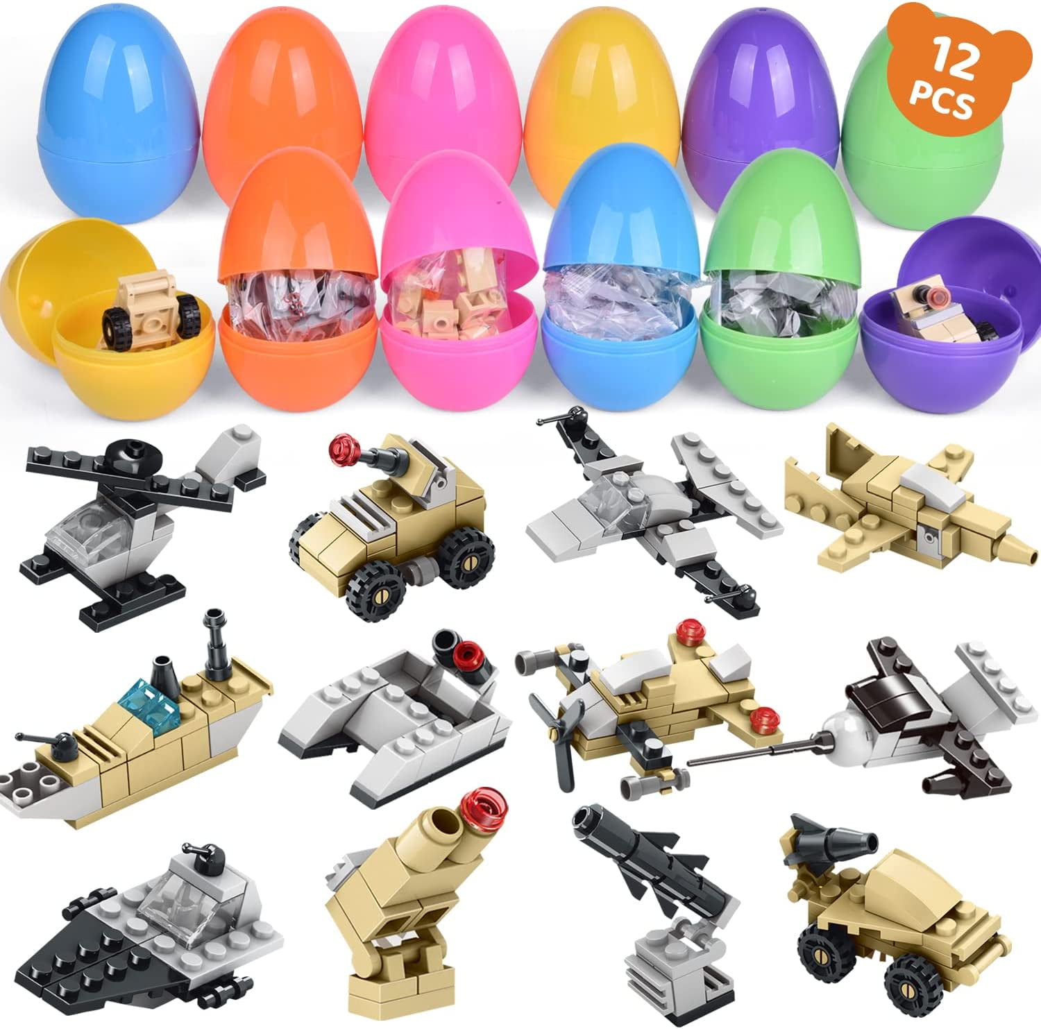 Fun Little Toys 12 Pcs Easter Eggs Prefilled with Mini Airplane Building Blocks, Building Toys for Easter Party Favors, Easter Basket Stuffers, Classroom Prizes, Kids Easter Gifts