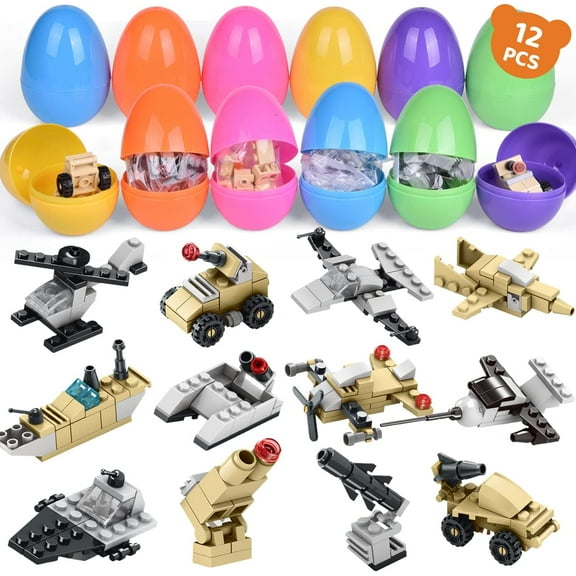 Fun Little Toys 12 Pcs Easter Eggs Prefilled with Mini Airplane Building Blocks, Building Toys for Easter Party Favors, Easter Basket Stuffers, Classroom Prizes, Kids Easter Gifts