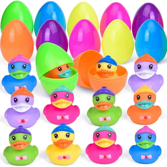 Fun Little Toys 12 Pcs Prefilled Easter Eggs with Rubber Duck Toys for Kids,Easter Theme Party Favors,Bright Colorful Easter Eggs Filled with Assorted Colors Duck Toys for Fun Bath Toys