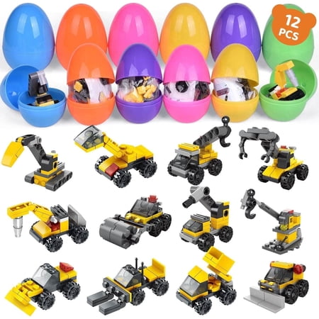 Fun Little Toys 12 Pcs Surprise Eggs Prefilled with Mini Construction Vehicles Building Blocks,Easter Eggs with Toys Inside,Easter Basket Stuffers,Classroom Prizes,Kids Easter Gifts