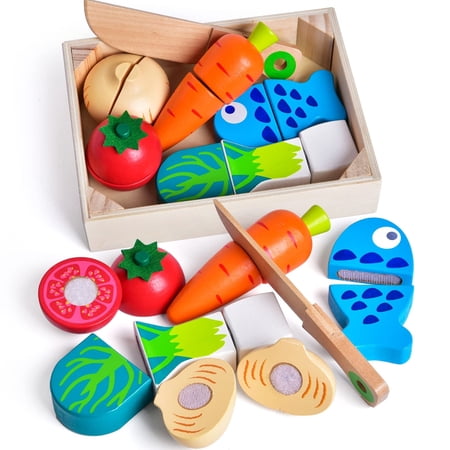 Fun Little Toys 12 Pcs Wooden Pretend Cutting Play Food Set,Veggie Slicers Playset for Toddlers,Birthday,Party Gifts for Boys,Girls