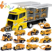 Fun Little Toys  12 in 1 Construction Trucks Toy Cars for Toddlers, Mini Cars in Carrier Truck Car Carrier Toy with Light and Sound