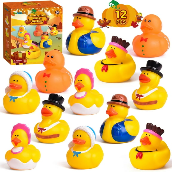 Fun Little Toys 12Pcs Thanksgiving Rubber Duckies,Party Favors,Thanksgiving Christmas Gifts for Boy Girls