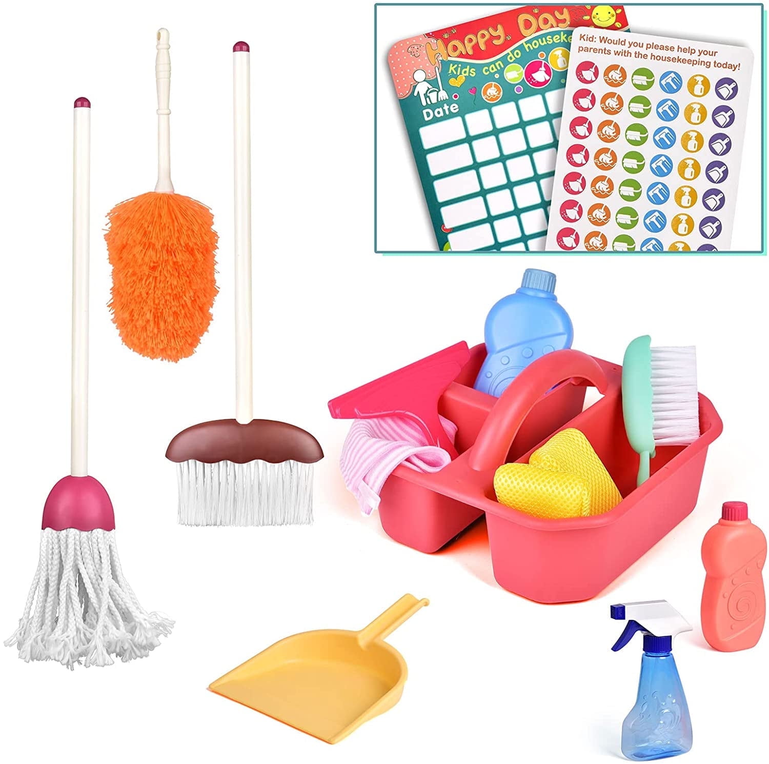 Fun Little Toys 13 Pcs Cleaning Kit,Kids Cleaning Set,Pretend Play House Cleaning Set,Play Cleaning Toy Set Includes Broom,Mop,Brush for Toddlers,Birthday,Xmas Gifts for Boys and Girls