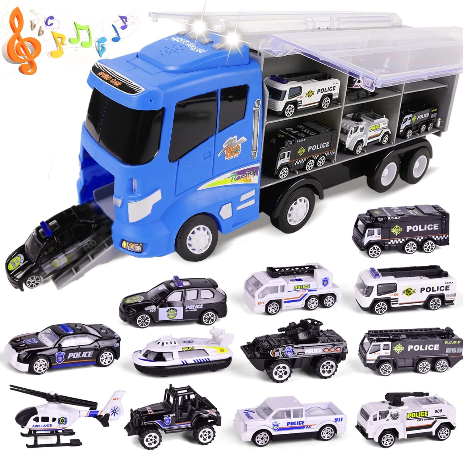 Fun Little Toys 13PCs 12 in 1 Die-cast Police Car with Lights and Sounds,  Transport Truck Car Carrier Toy with Mini Police Vehicles Gifts for Toddler