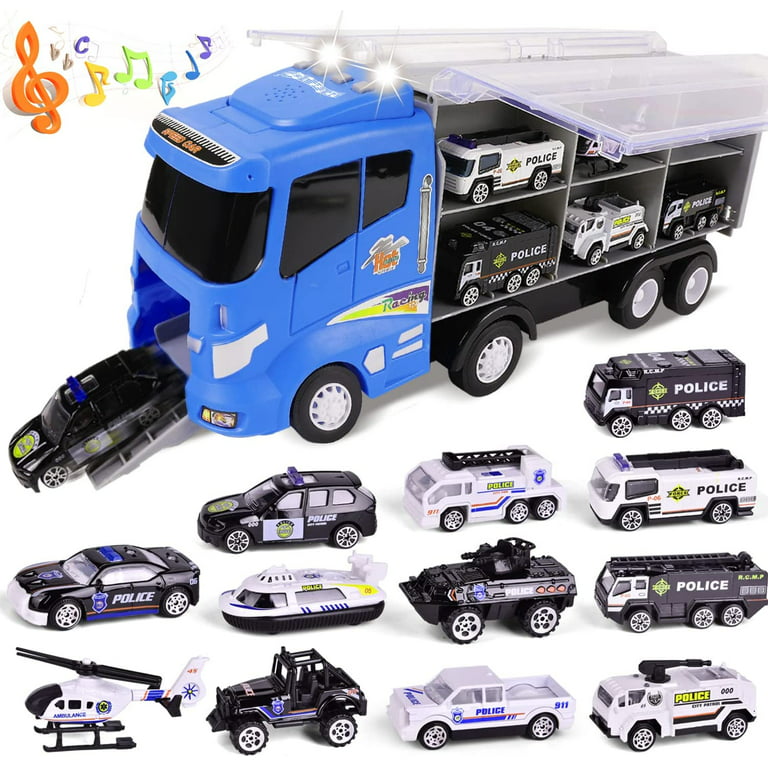 Fun Little Toys 13PCs 12 in 1 Die-cast Police Car with Lights and Sounds,  Transport Truck Car Carrier Toy with Mini Police Vehicles Gifts for Toddler
