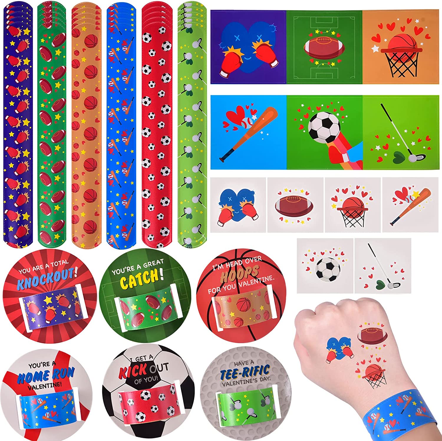 Fun Little Toys 150 Pcs Valentines Day Cards with Slap Bracelets and  Stickers, Classroom Valentines Party Favors for Kids, 6 Sports Elements  Valentine Exchange Cards for Students 